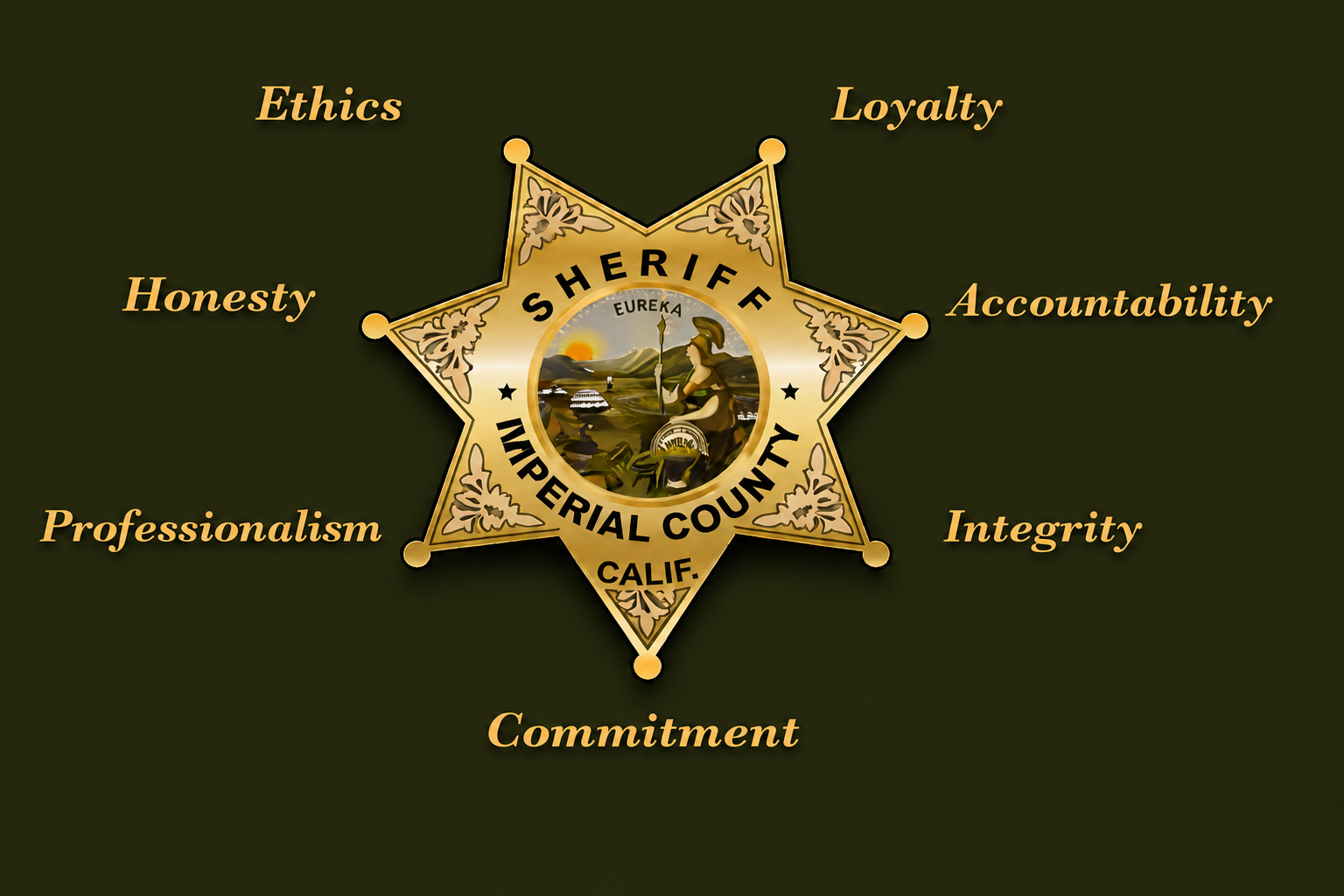 Imperial County Sheriff's Office seven-point star badge with the seven core values: Ethics, Loyalty, Honesty, Accountability, Integrity, Professionalism, and Commitment