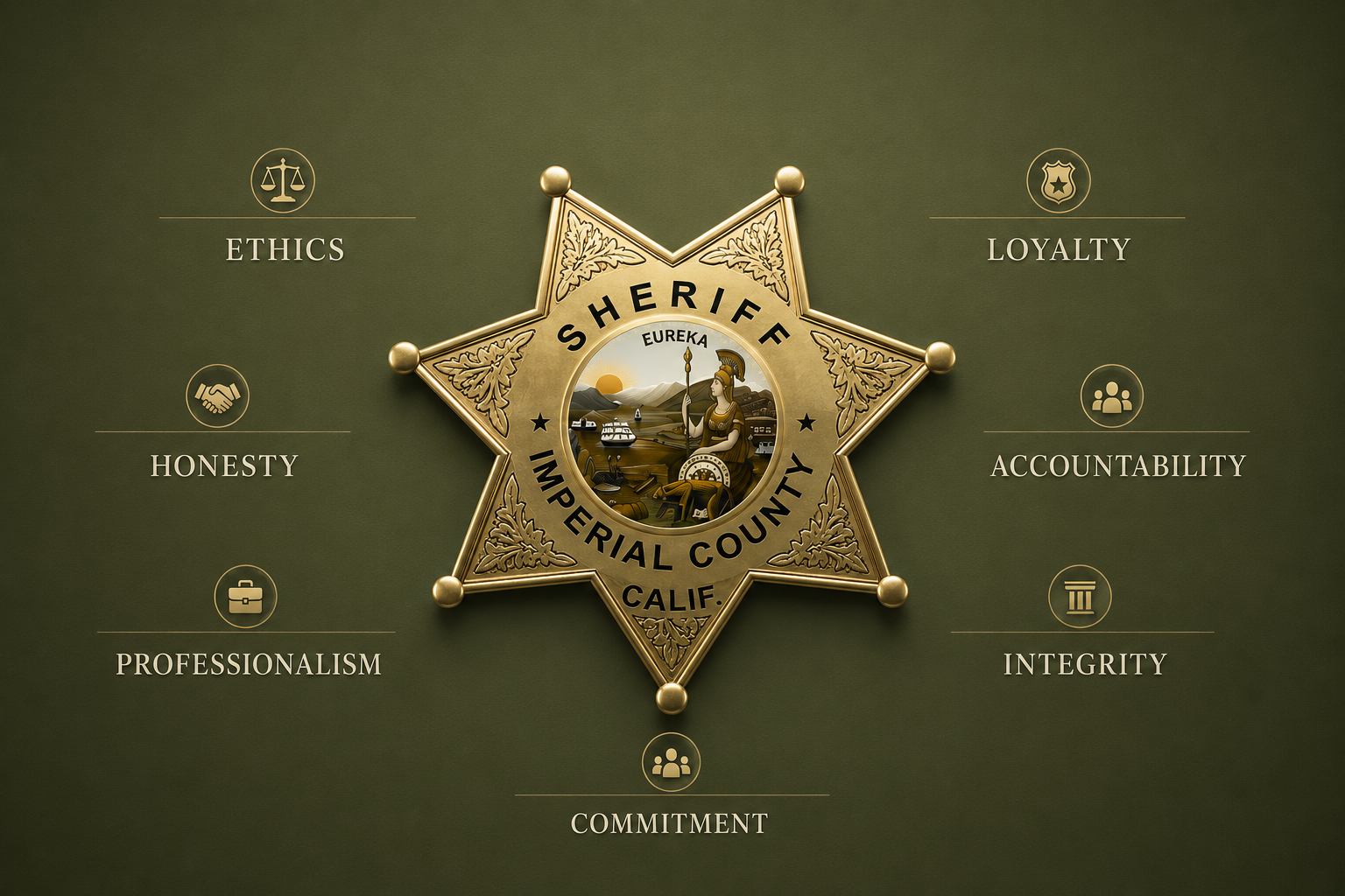 Imperial County Sheriff's Office seven-point star badge with the seven core values: Ethics, Loyalty, Honesty, Accountability, Integrity, Professionalism, and Commitment